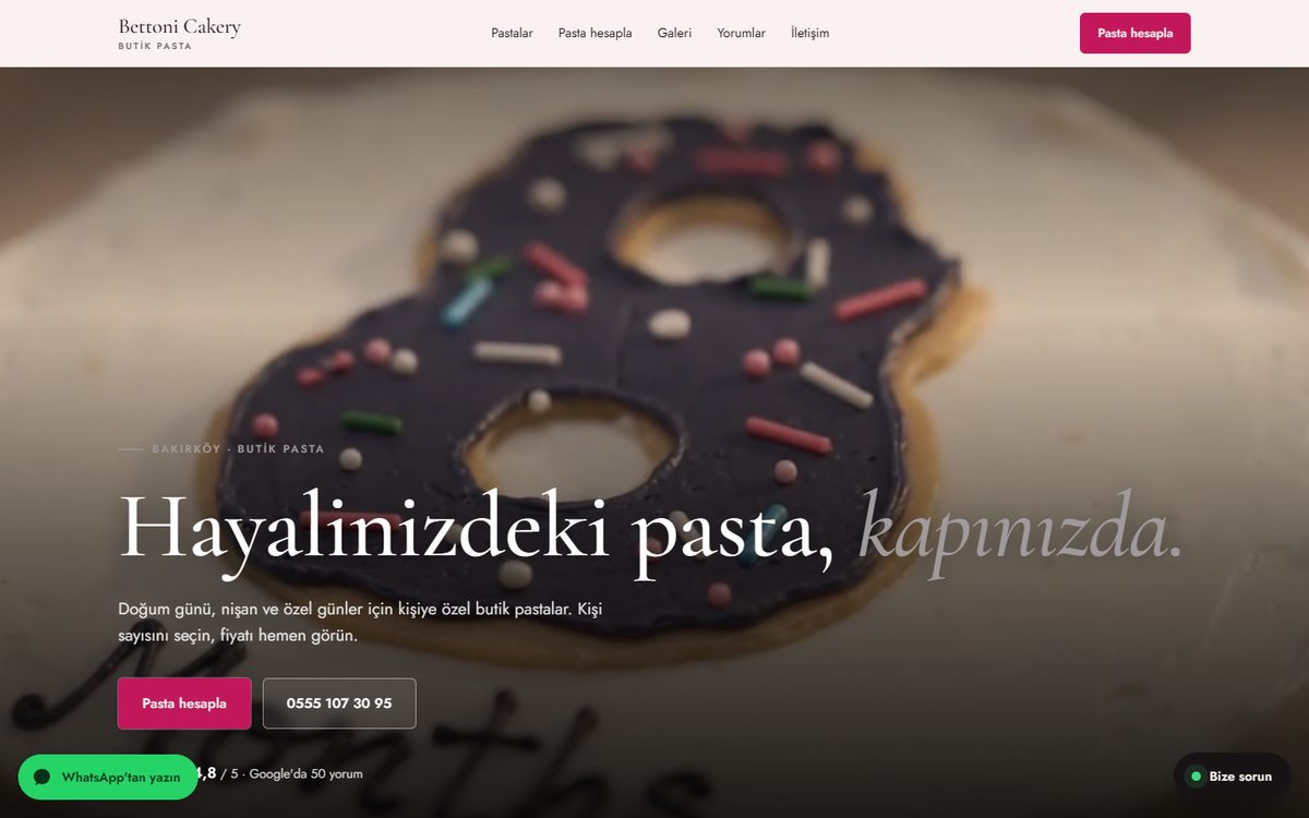 Bettoni Cakery web sitesi, bilgisayar görünümü
