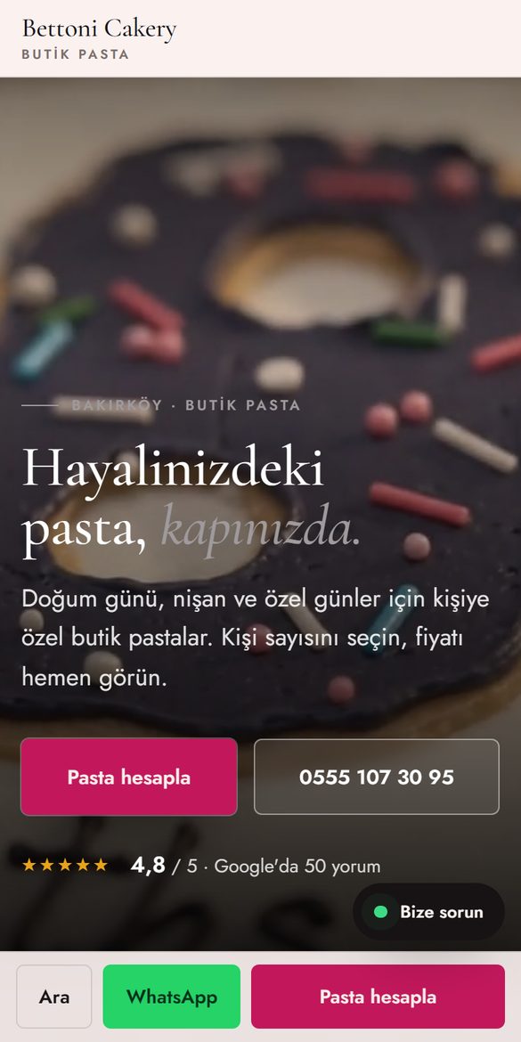 Bettoni Cakery web sitesi, telefon görünümü