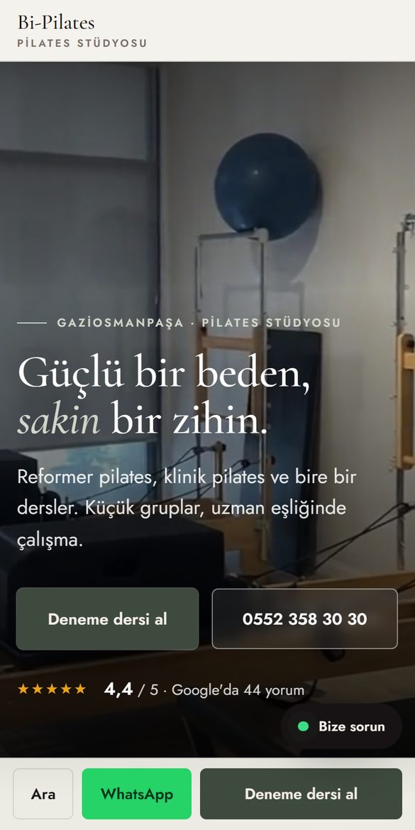 Bi-Pilates web sitesi, telefon görünümü