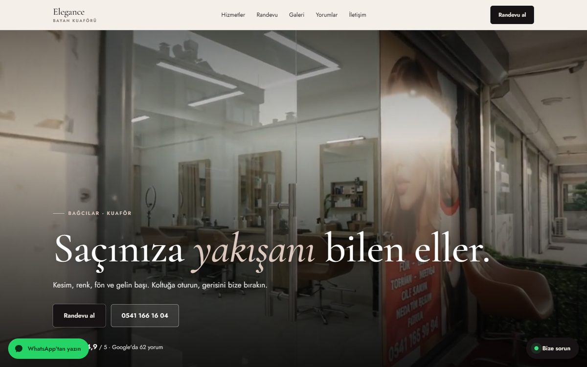 Elegance web sitesi, bilgisayar görünümü