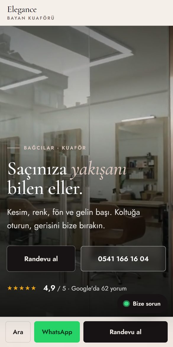 Elegance web sitesi, telefon görünümü