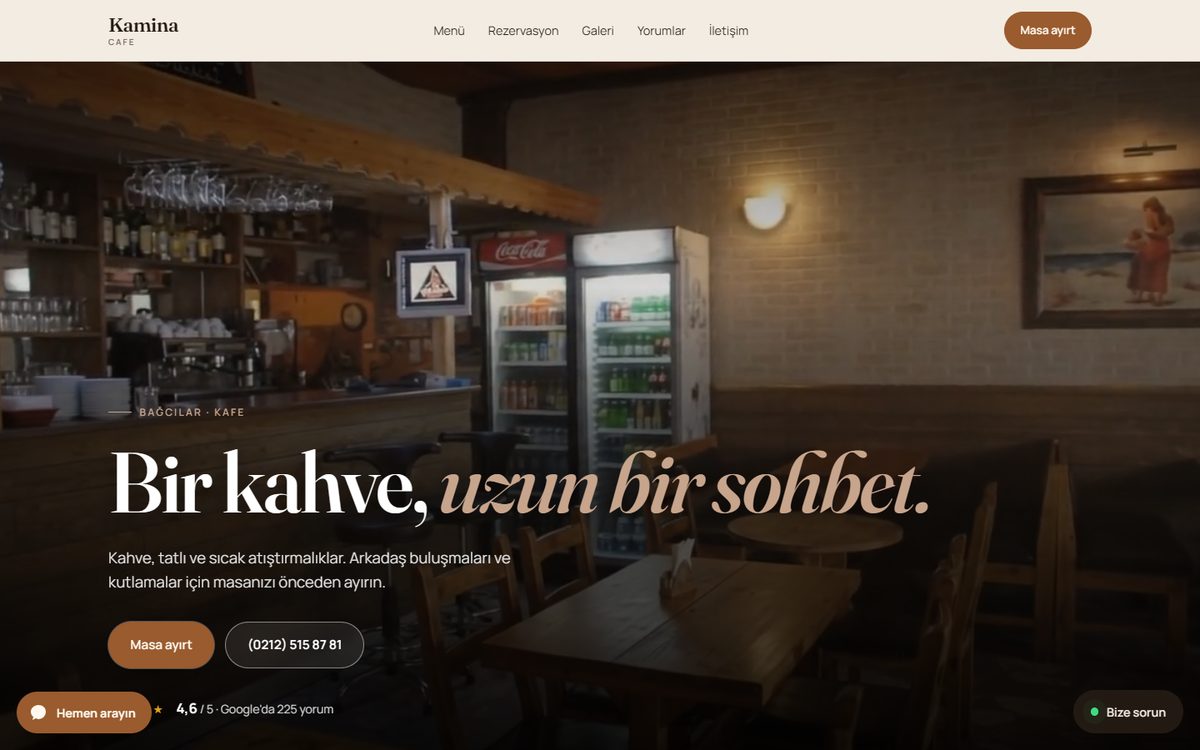 Kamina Cafe web sitesi, bilgisayar görünümü