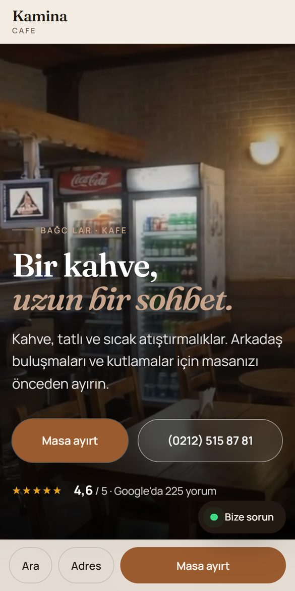 Kamina Cafe web sitesi, telefon görünümü