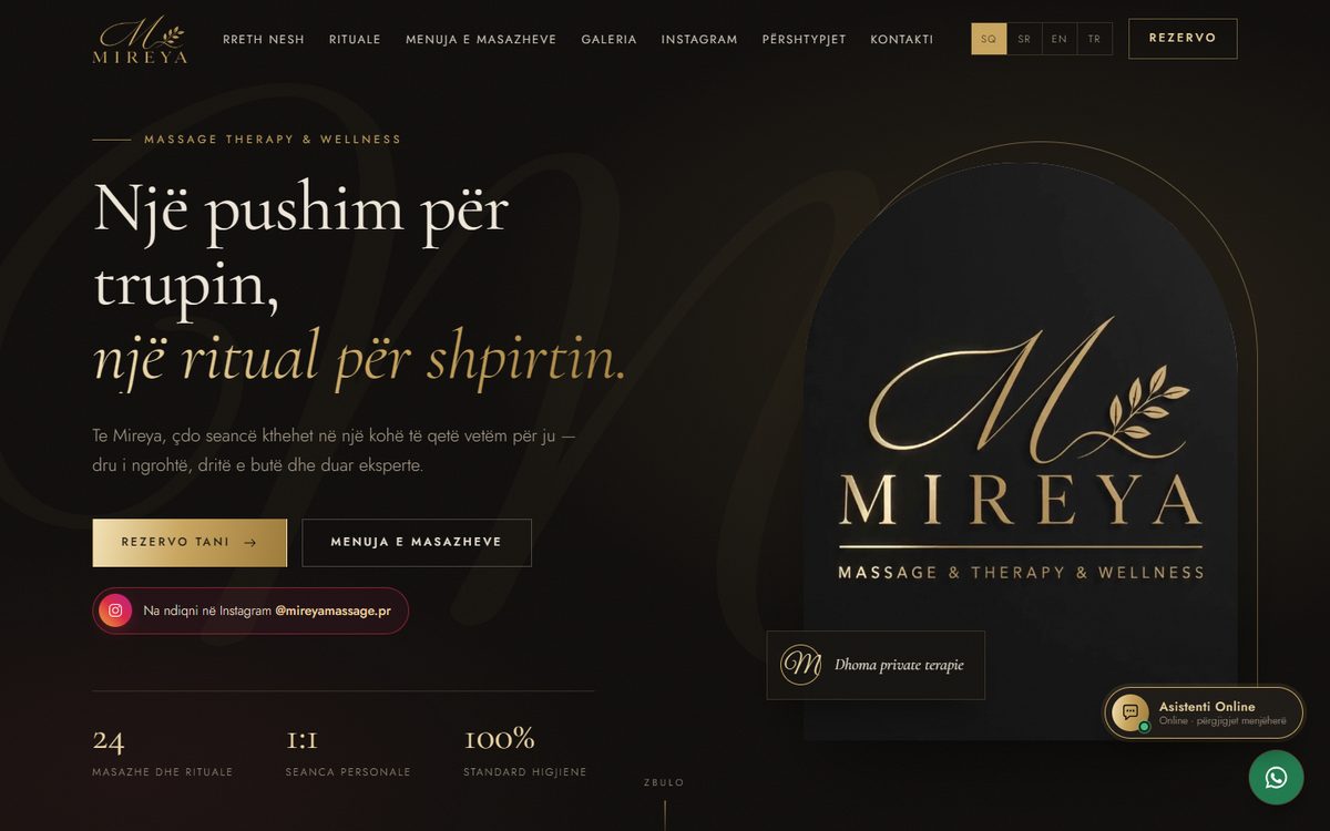 Mireya Massage & Wellness web sitesi, bilgisayar görünümü