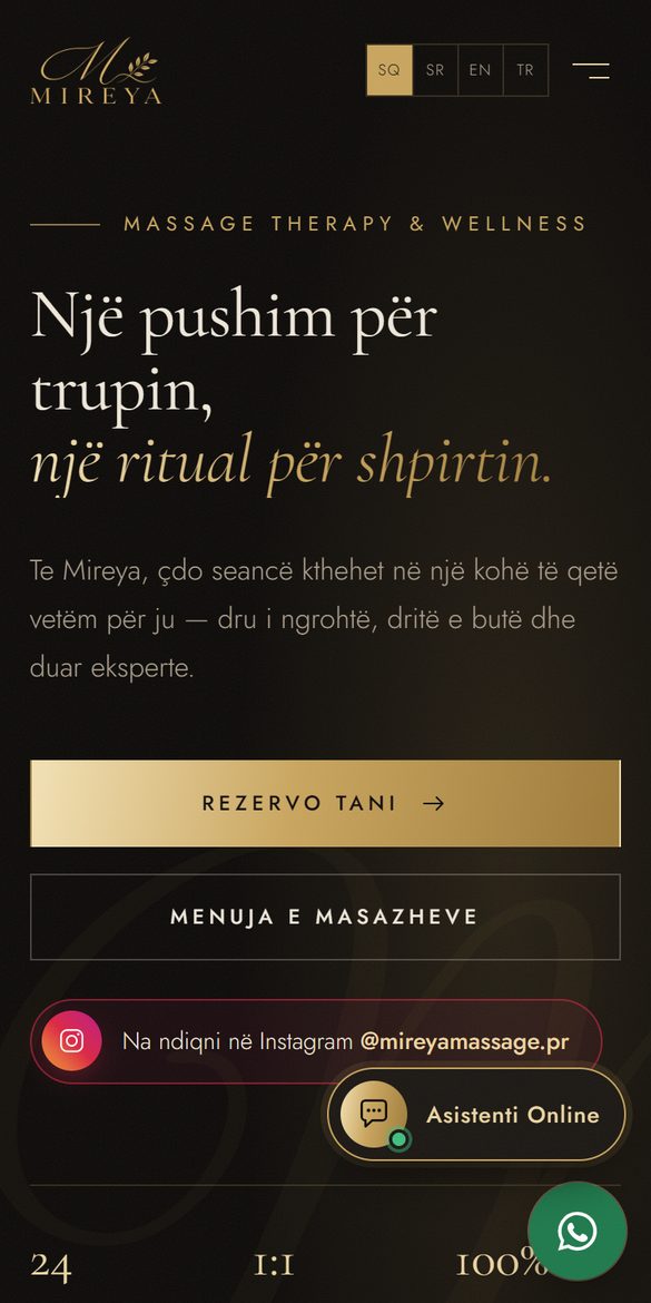 Mireya Massage & Wellness web sitesi, telefon görünümü