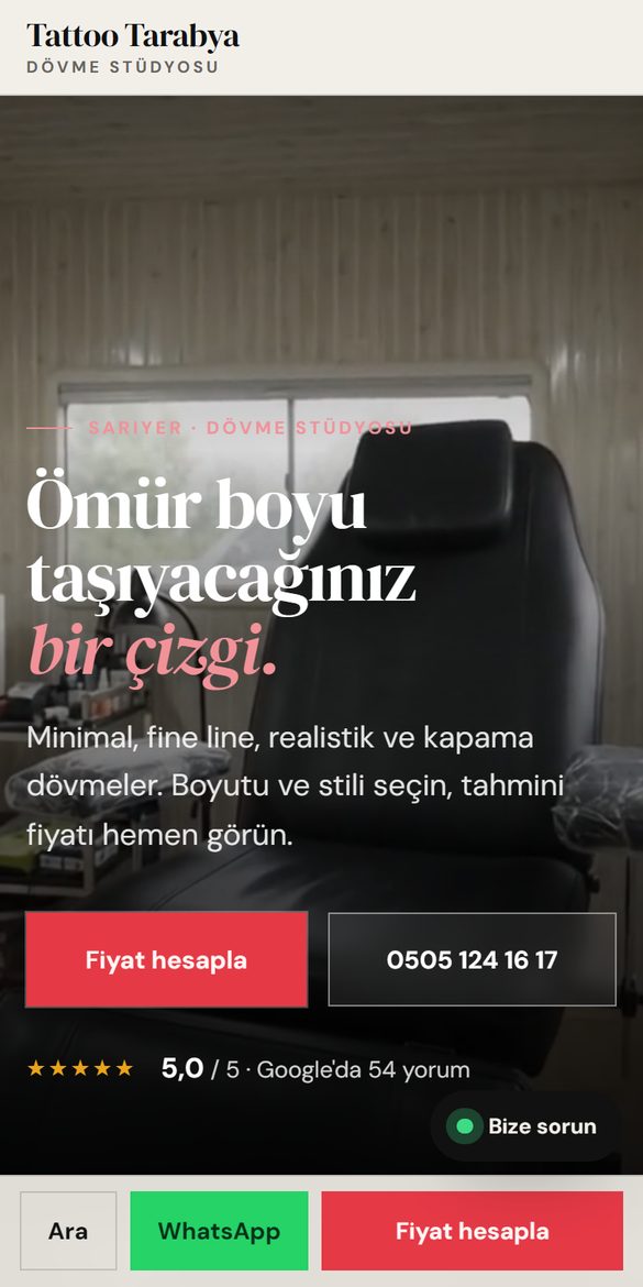 Tattoo Tarabya web sitesi, telefon görünümü