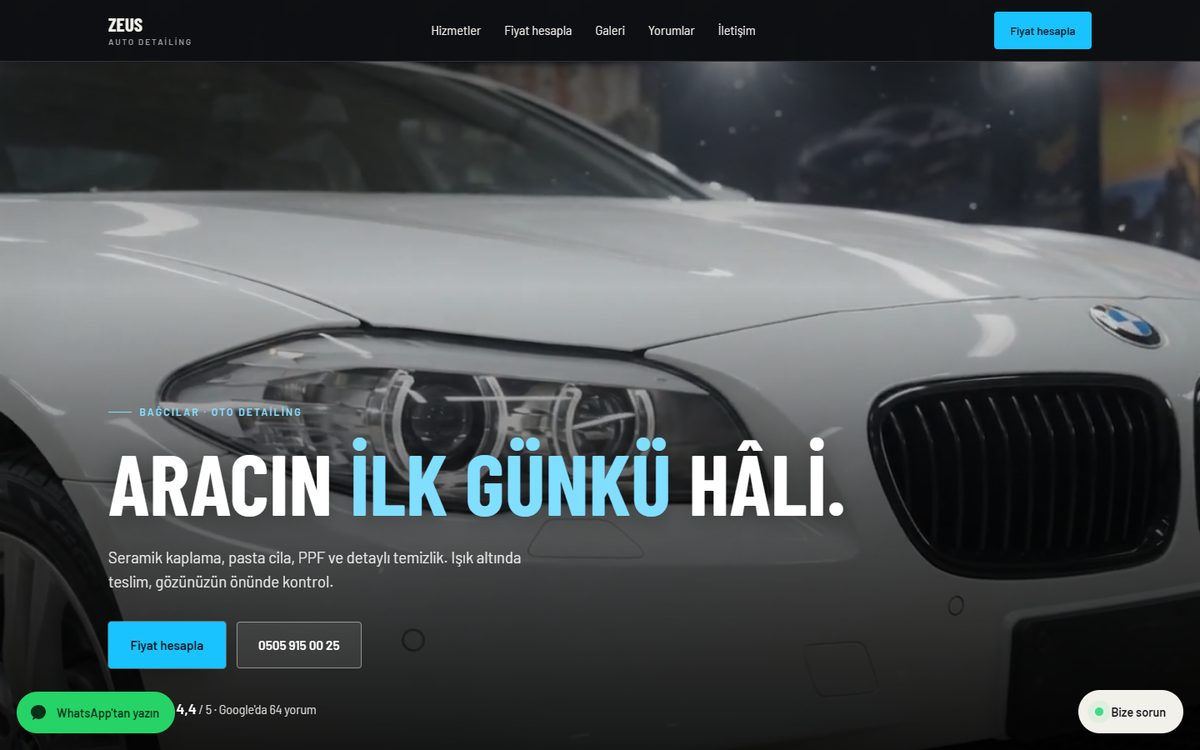 Zeus Auto Detailing web sitesi, bilgisayar görünümü