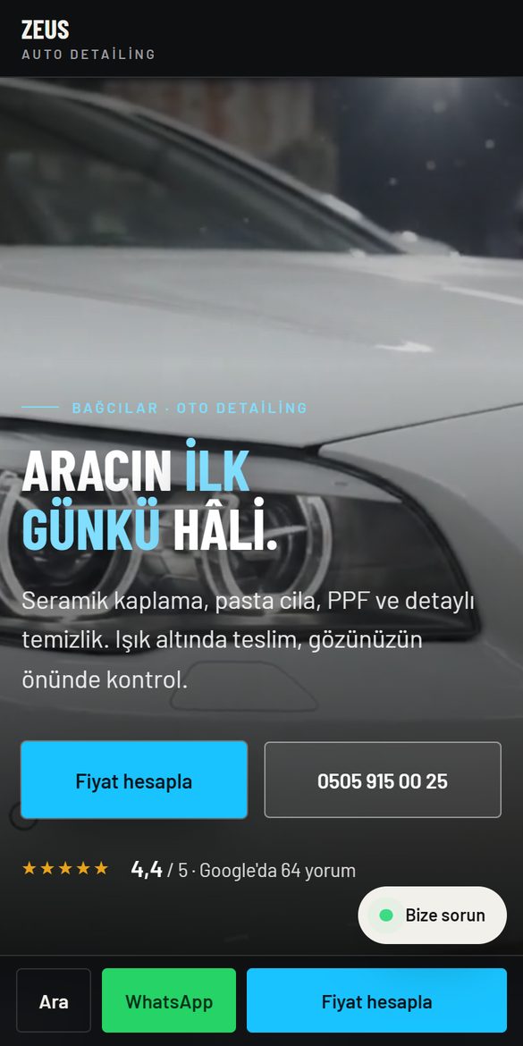 Zeus Auto Detailing web sitesi, telefon görünümü